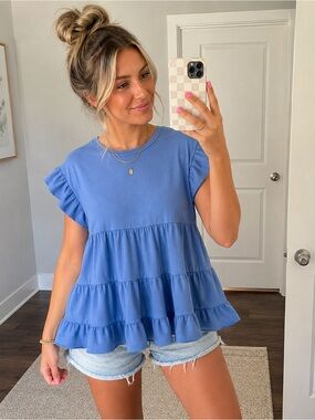 Tiered Ruffle Sleeve Top - Blue